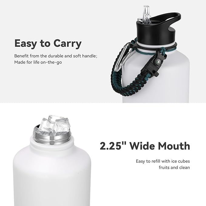 64 oz Insulated Water Bottle with Straw & Spout Lids, Stainless Steel Metal Half Gallon Water Jug with Paracord Handle, Double Wall Vacuum, Leakproof, Keep Drinks Cold & Hot, White