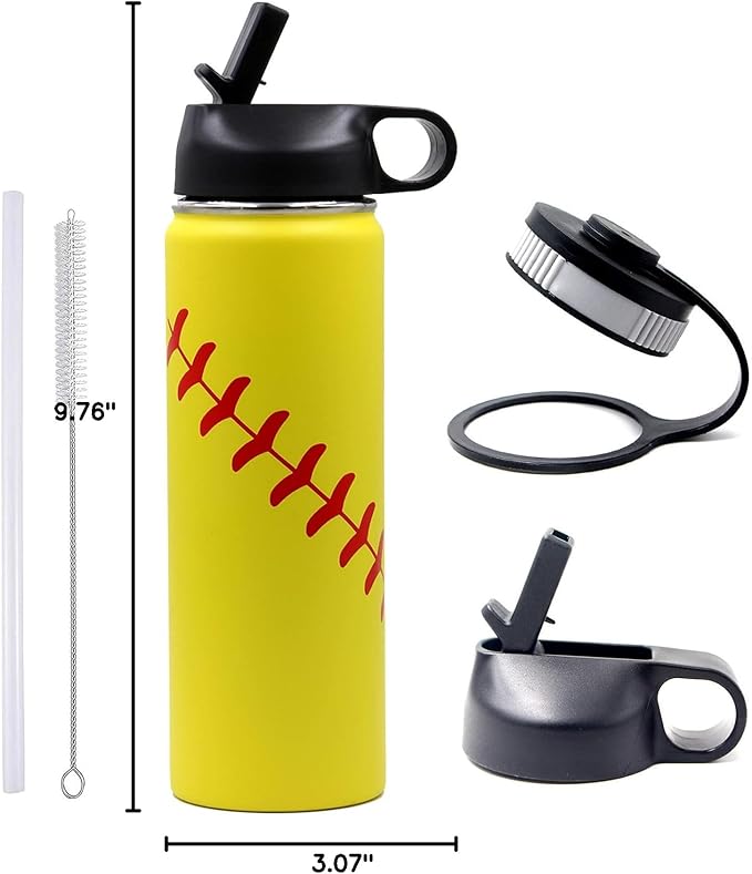 22 oz Softball Water Bottle, Metal Sports Flask Thermo Travel Tumbler with 2 Lids, Stainless Steel Double Wall Vacuum Leak Proof Insulated Water Bottles, Softball Stuff Gifts for Mom Men Boys Girls