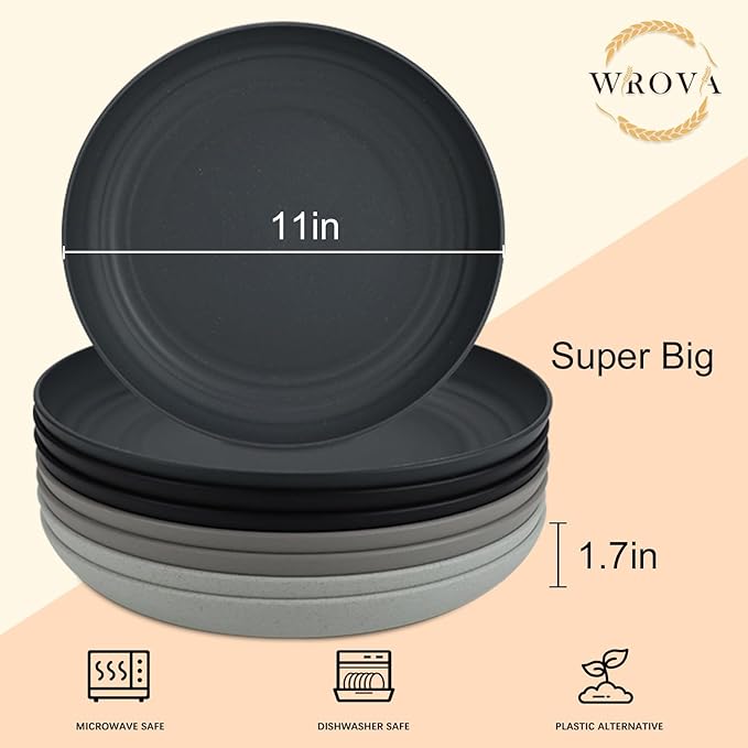 Wrova Large Wheat Straw Plates - 11 Inch Unbreakable Dinner Plates Set of 8 - Dishwasher & Microwave Safe, Reusable - Deep Edge for Kitchen and Camping (Classic)