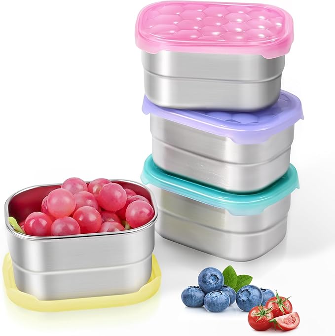 8oz Small (1 CUP) Stainless Steel Snack Containers for Kids and Toddlers (Ages 1-3) | Easy Open Leak Proof Food Containers with Silicone Lids - Perfect Metal Lunch Box for Daycare and School