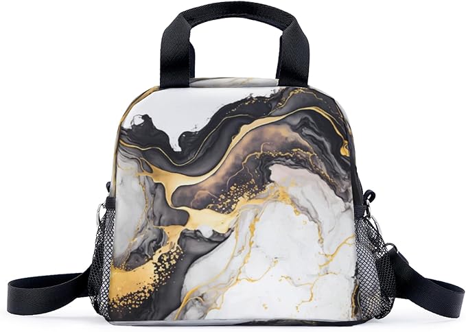 Black Gold White Marble Pattern Lunch Bag for Women Men Cute Large Capacity Thermal Lunch Tote Reusable Washable with Adjustable Shoulder Strap and Dual Large Mesh Side Pockets