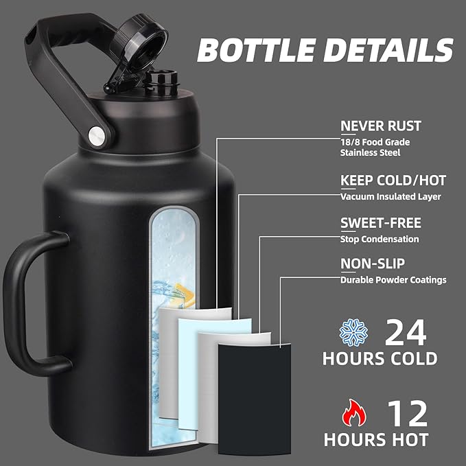 BJPKPK 1 Gallon Water Bottle with Handle, Large Dishwasher Safe 128oz Insulated Water Bottle, BPA Free Water Jug, Wide Mouth Metal Water Bottle with Anti-slip Bottom, Keep Cold & Hot,Black