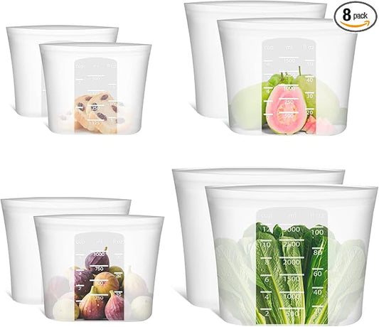 8-Pack Reusable Silicone Food Storage Bags, 100% Silicone Stand-Up Wide-Open Zip-Lock Reusable Storage Bags for Food, Freezer Microwave Oven Dishwasher Safe, Translucent, 2XL(0.8 Gallon) 2L 2M 2S