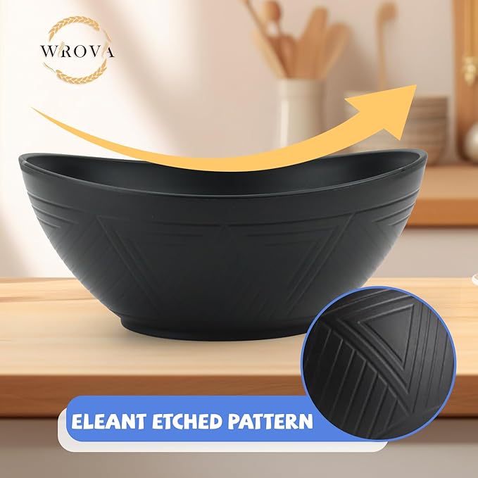 Wrova Big Wheat Straw Bowls,Large Salad Bowls Set of 2,Dishwasher and Microware Safe Plastic Bowls Reusable,Eating bowls for Cereal,Salad,Fruit,Snack. Black