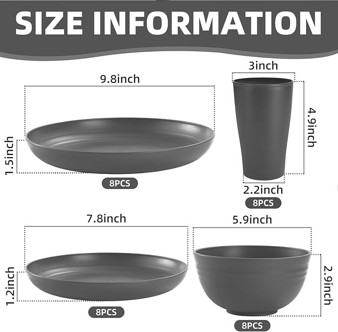 Grey Cups and Plates Sets for Kitchen Plates and Bowls Set, Dishware Sets for 8 Kids Plate Non Toxic Unbreakable and Lightweight,32pcs Halloween Plastic Dinnerware Set, Dishwasher and Microwave Safe