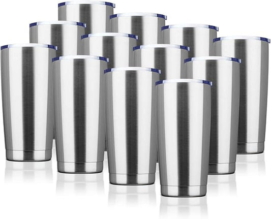 20oz Tumbler Bulk Stainless Steel Vacuum Insulated Tumblers with Lid Double Wall Travel Mug, Powder Coated Coffee Cup, Suitable for Ice Drinks and Hot Beverage (Stainless steel 12pack)
