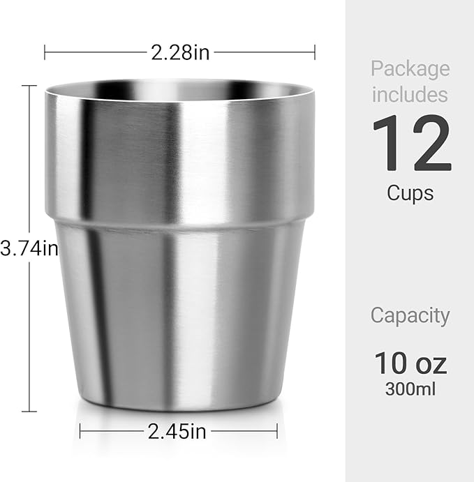 Beasea Stainless Steel Cups 10 oz, 12 Pack Small Stackable Insulated Bulk Stainless Steel Tumbler Cups for Drinking Double Wall Metal Pint Glasses Tin Cups for Home Restaurant Office Party Camping
