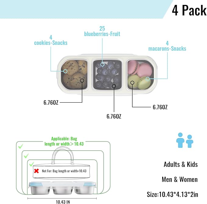 Stainless Steel Snack Containers for Kids Adults, 4 Pack 3 Compartment Metal Snack Containers Box with Lid, Reusable Food Storage Container, Leak Proof, Grab and Go, Blue