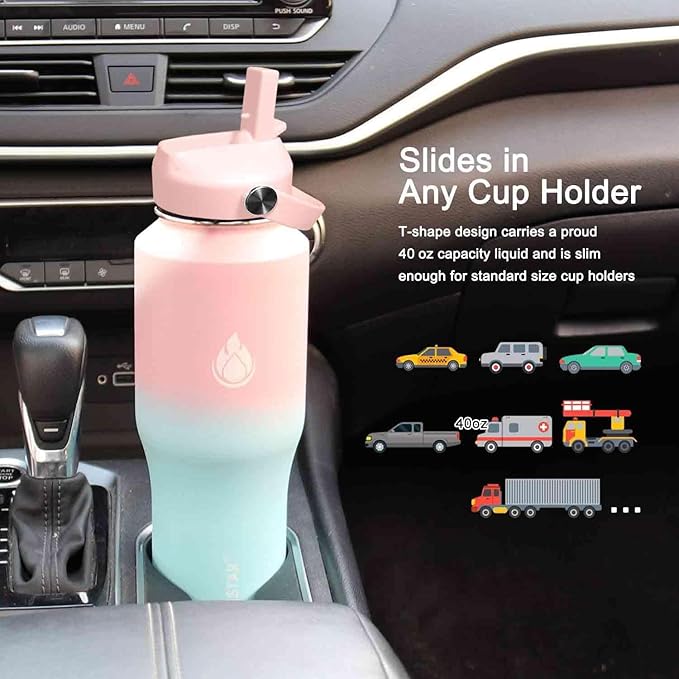 SENDESTAR 40oz Stainless Steel Water Bottle(Cold for 48 Hrs, Hot for 24 Hrs),Double Wall Vacuum Insulated Bottle with Straw Lid, Spout Lid and Flex Cap, Fit in Any Car Cup Holder 40-car-1-Pink-B-1