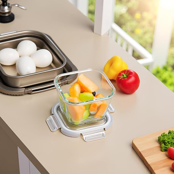 Square Glass Food Storage Containers, 4 Cup Glass Soup Container with Airtight Lids,Square Food Meal Prep Bowls for Salad soupleftovers, Fridge、Microwave、Dishwasher Safe (4 Pack)