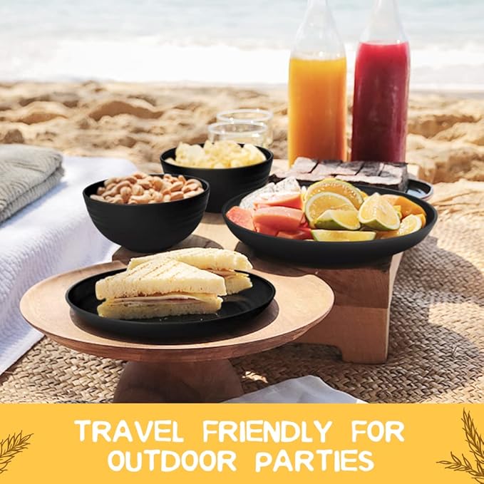 Teivio 32-Piece Kitchen Plastic Wheat Straw Dinnerware Set, Service for 8, Dinner Plates, Dessert Plate, Cereal Bowls, Cups, Unbreakable Colorful Plastic Outdoor Camping Dishes, Deep Black