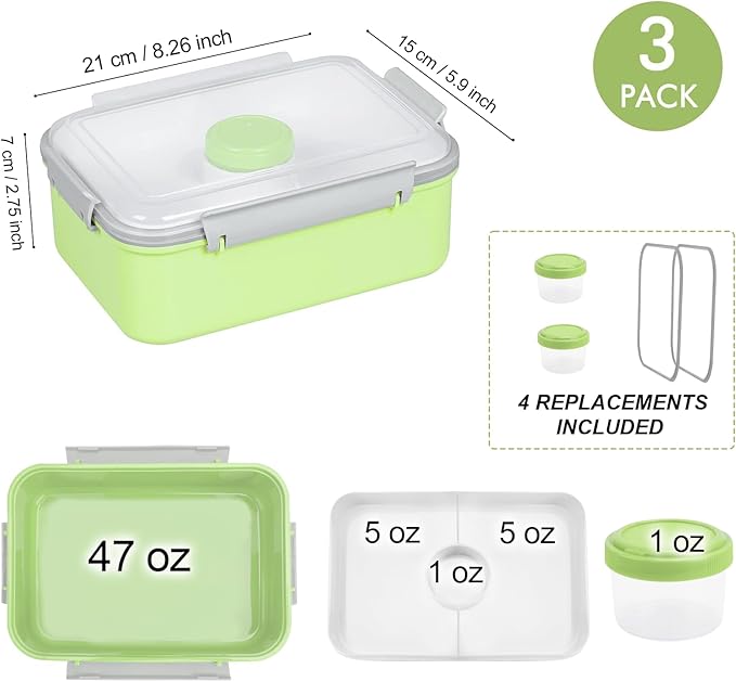 3 Pack Salad Lunch Box Food Storage Containers, 47oz Bento Box To Go Container with Lids, Meal Prep Containers with Removable Tray & Dressing Pots for Kids and Adults, Reusable and Microwavable