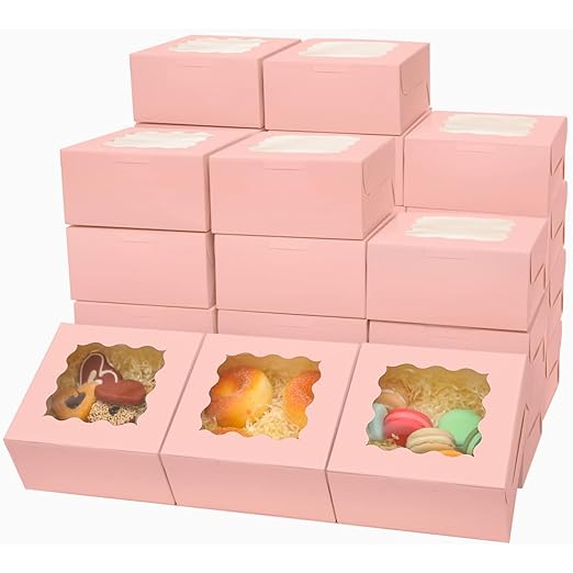 Bakepacker 100pcs Pink Bakery Boxes with Window 6x6x3 inches Thick & Sturdy Macaroon Pastry Boxes Cookie Boxes for Bakerys
