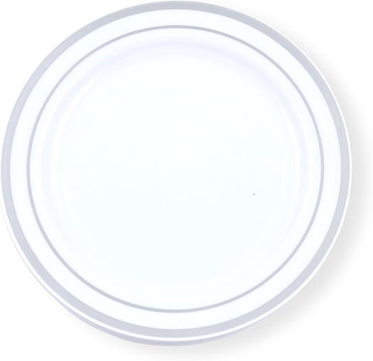 120-Piece Premium Salad Plates Set - Disposable White Plastic With Silver Rim for Party and Wedding