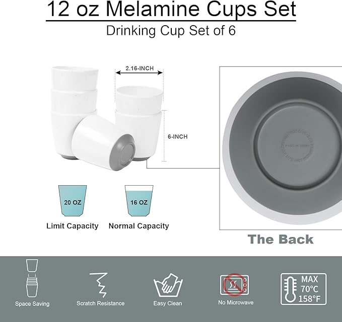 Webbylee 6-piece Melamine Cup - 12 ounce Unbreakable Reusable Drinkware for Party Wedding Camping, Dishwasher Safe & Lightweight (White/Grey)