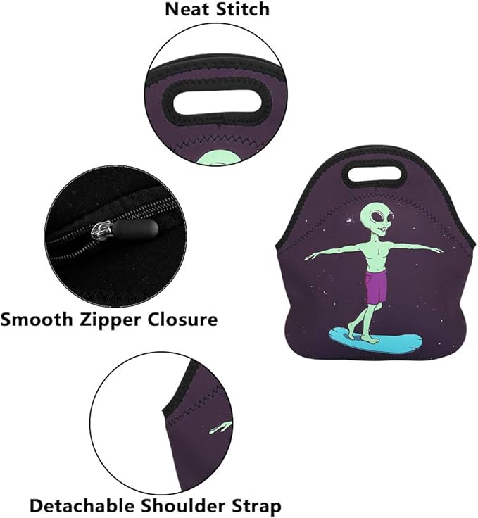 Violet Mist Women's Reusable Neoprene Lunch Bag, Alien Insulated, 11.42"L x 10.43"H x 5.51"W, 8.7 inches, fits containers up to 7"W x 6"L