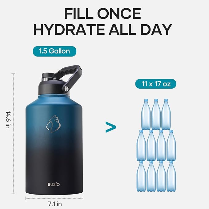 BUZIO 1.5 Gallon Water Bottle Insulated, (Cold for 48 Hrs) 196oz Large Water Jug Stainless Steel, 3.58in Big Wide Mouth Leak Proof Metal Flask with Carrying Sleeve for Camping,Gym,Travel,Indigo Crush