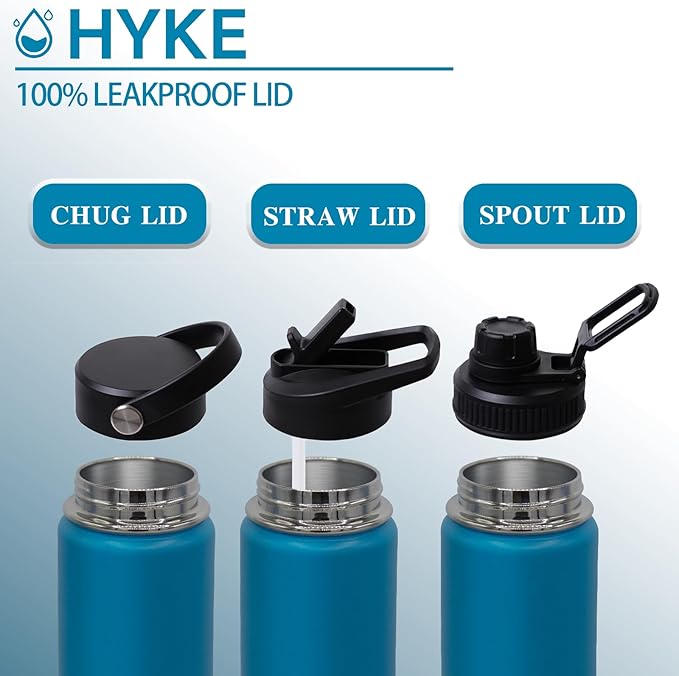 24oz Insulated Water Bottle–Vacuum Stainless Steel Bottle with Straw, Spout, Handle, 3 Lids–Leak Proof, BPA Free, Fits Cup Holders–Metal Thermos for Hiking, Gym, Car, Bike （Light Blue）