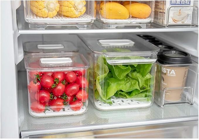 SANNO Produce Saver Containers for Refrigerator - Stackable Kitchen Organizer Keeper Bin, with Removable Drain Tray, Set of 6