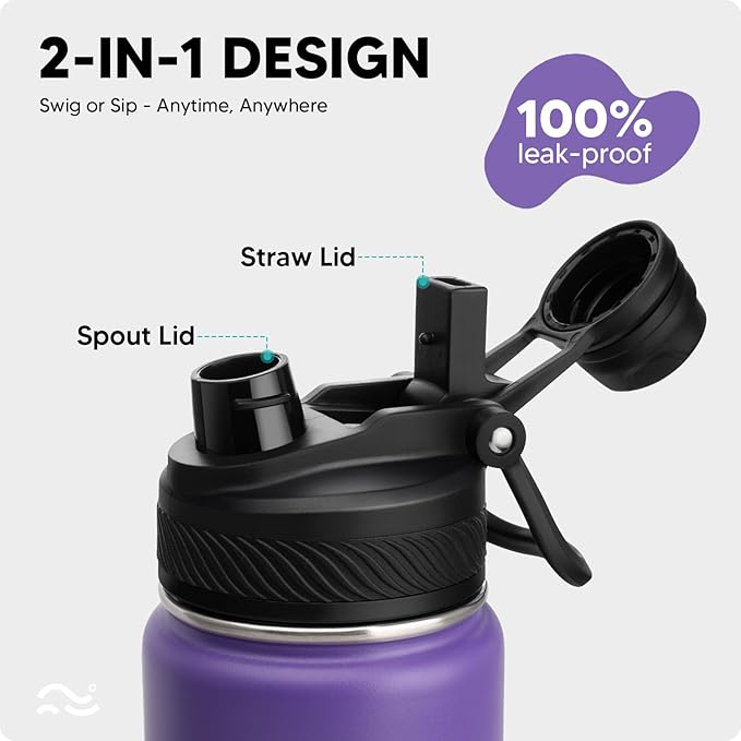 [2-IN-1 LID] Insulated Water Bottle with Silicone Boot (36hrs Cold/18hrs Hot) - DIY Stickers, Leakproof, BPA Free, 24 oz