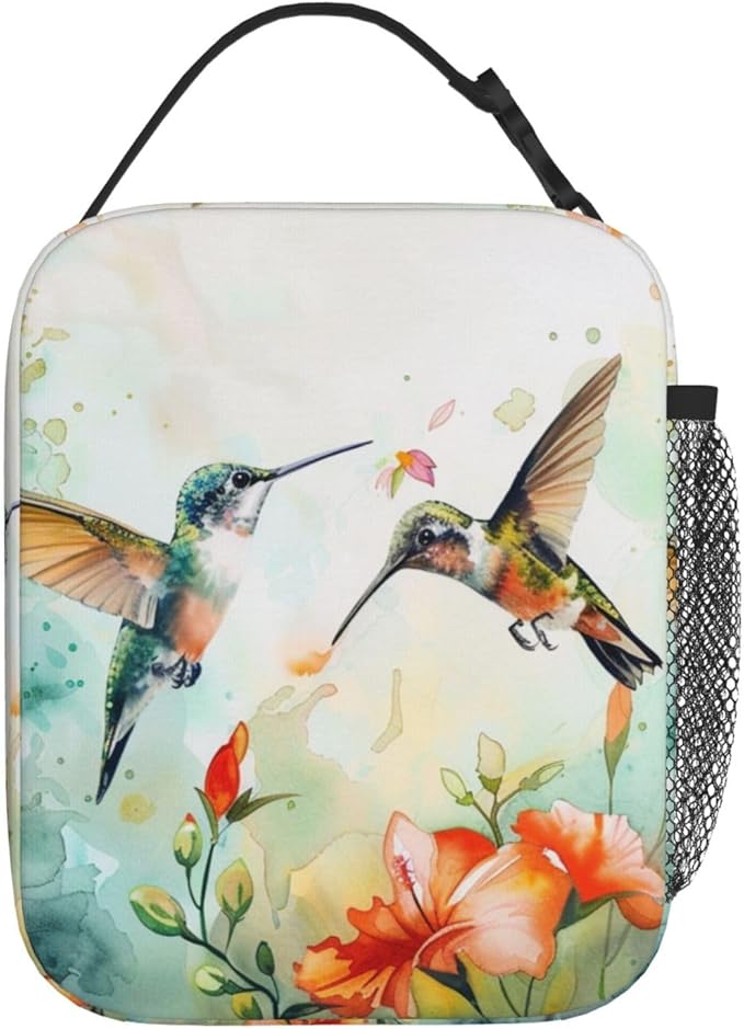 SUPLUCHOM Lunch Bag Hummingbird Flower Watercolor Insulated Bento Box Cooler with Side Pocket for Girl Boy Women Men Work School Picnic Hiking Daytrip