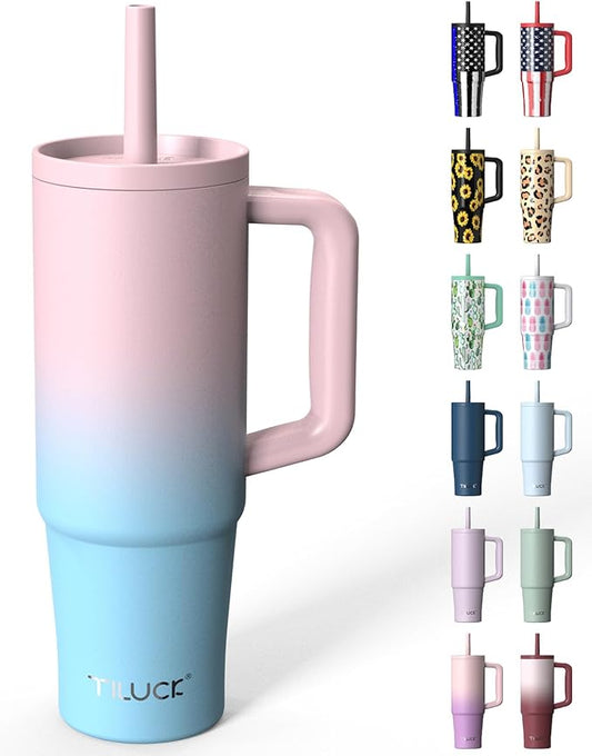 TILUCK 30 oz Tumbler with Handle, Vacuum Insulated Stainless Steel Travel Mug with 100% Leak-Proof Silicone Straw Lid, Cupholder Friendly Water Bottle(PinkBlueGradient, 30oz)