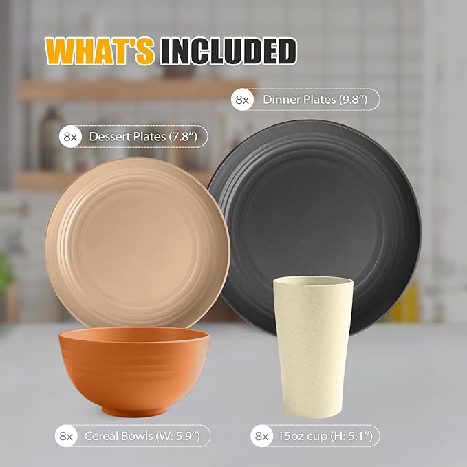 Teivio 32-Piece Kitchen Plastic Wheat Straw Dinnerware Set, Service for 8, Unbreakable Plates, Bowls and Cups Set, Farmhouse Outdoor Camping Dishes for Rustic Life/Country/Vintage, Saddle Ombre
