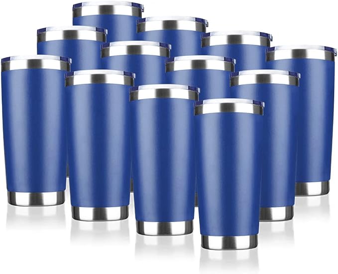 20oz Tumbler Stainless Steel Vacuum Insulated Mug with Lid, Double Wall Travel Mug, Durable Powder Coated Coffee Cup, Suitable for Ice Drinks and Hot Beverage (New Blue 12 pack)