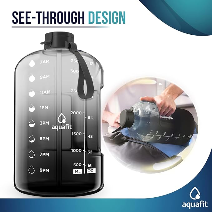 AQUAFIT 1 Gallon Water Bottle with Time Marker - Straw & Chug Lid - BPA Free Gym Water Bottle with Straw - Big Gallon Jug (Midnight Gray, 128 oz - 2 Lids)