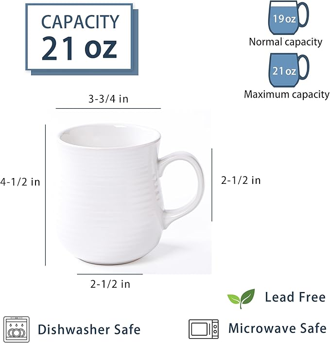 21 oz Large Ceramic Coffee Mugs, Pottery Mug Handmade, Ceramic Tea Cups with Handle for Office and Home, Dishwasher and Microwave Safe (White)