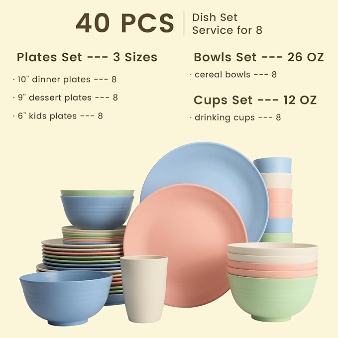 Homienly 40-Piece Dinnerwave Sets, Service for 8, Wheat Straw Dinnerware Set - Plates and Bowls Set with Cups, Lightweight Microwave and Dishwasher Safe Dish Set for Dinner, Outdoor - Multi Light