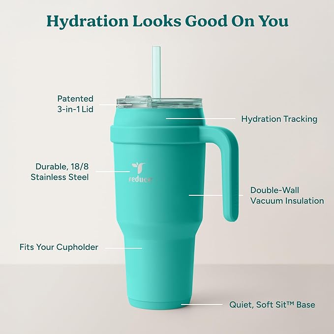 Reduce 40 oz Stainless Steel Tumbler with Handle - Dual-Wall Vacuum Insulated Travel Mug, Sweat-Proof Lid & Reusable Straw - Keeps Drinks Cold for 24 Hrs, Fits Cupholders, Dishwasher Safe-Ocean Breeze