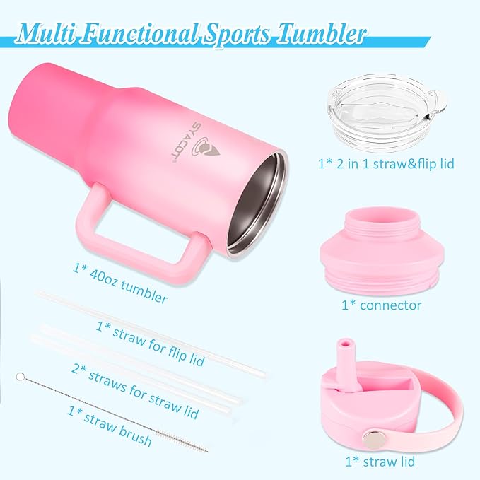 40 oz Tumbler with Handle and Straw or Convert to 40 oz Insulated Water Bottle Fits in Cup Holder. Stainless Steel Metal Water Flask with 2 Lids for Travel,Camping,Gym Sports Coffee Mug Thermal Cup