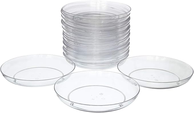 Royal Imports 9" Clear Plastic Saucer Plant Drip Tray, Low Pie Plate, Floral Flower Dish, Wedding, Party, Home and Holiday Decor, 24 Pack