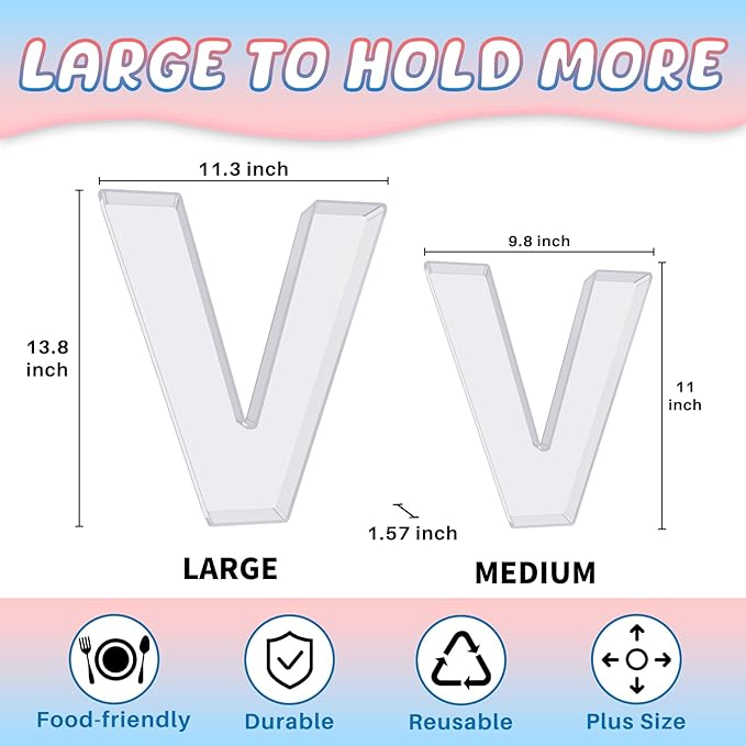 13.8" Extra Large Acrylic Letter Charcuterie Board Box, Reusable Fillable Letter Cake Candy Dish Display Serving Tray for Birthday Anniversary Party Decoration (V)