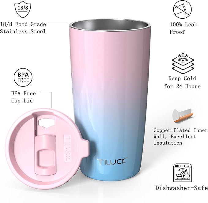 TILUCK 20 oz Tumbler with Leak-Proof Lid, Vacuum Insulated Stainless Steel Coffee Mug, Double-Walled Travel Tumbler for Hot and Cold Drinks(PinkBlue, 20oz)
