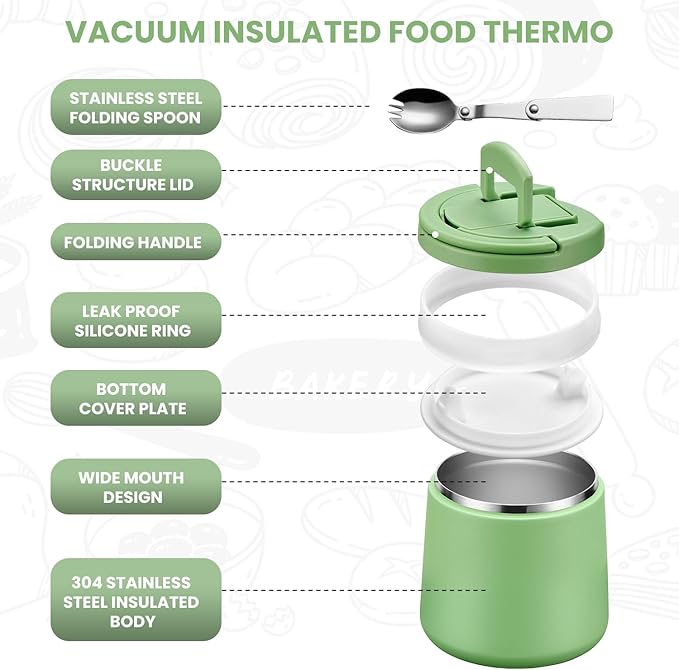 Soup Thermo for Hot Food 20oz Lunch Containers with Buckle Lid Wide Mouth Hot Food Jar Vacuum Insulated Stainless Steel Bento Box Leakproof with Spoon(Green)