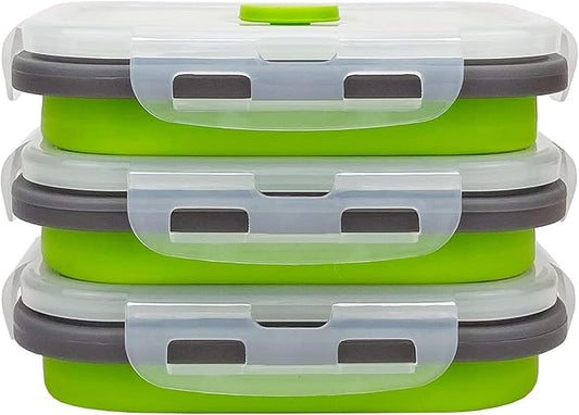 CCyanzi 3piece Collapsible Food Storage Containers with Lids, Silicone Lunch Container, Microwave & Freezer Safe, Space Saving for Kitchen Cabinet and Camping Backpack,(green gray)