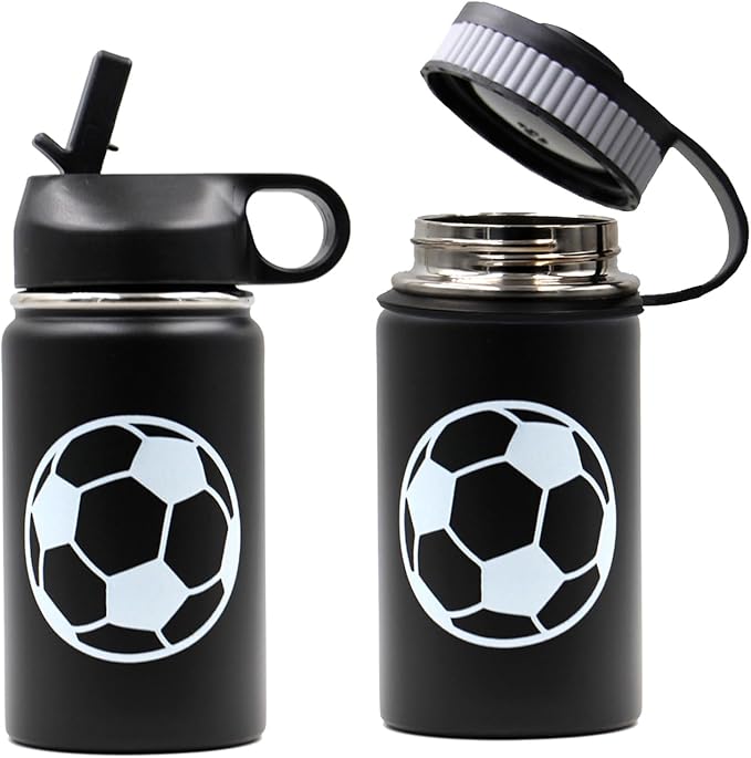 12 oz Soccer Water Bottle, Metal Sports Flask Travel Tumbler with 2 Lids, BPA Free Stainless Steel Leak Proof Double Wall Vacuum Insulated Water Bottles, Soccer Gifts for Boys Girls Player Fans