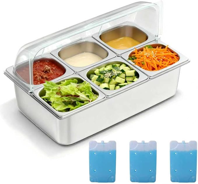 Stainless Steel Countertop Food Serving Display Container with Clear Roll Top Cover - Ice Food Serving Tray for Buffet, Restaurant, Kitchen, or Party(6 Pans)