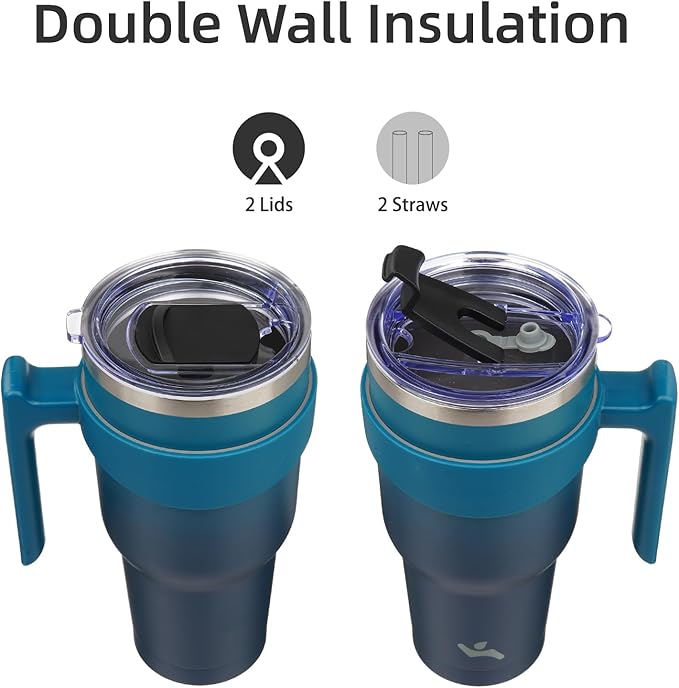 40 oz Tumbler with Handle and 2 Straw 2 Lid, Insulated Water Bottle Stainless Steel Vacuum Cup Reusable Travel Mug,Indigo Black