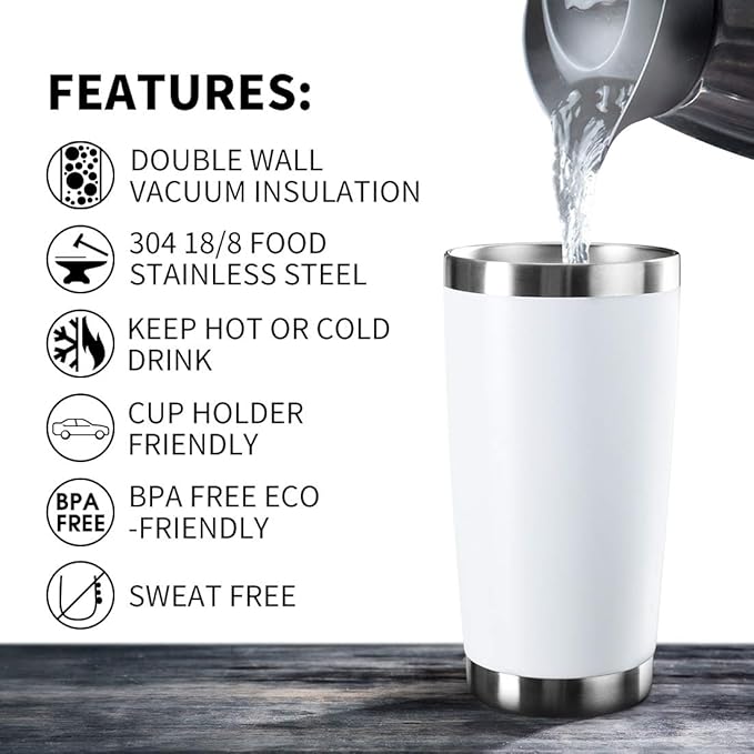 20oz Tumbler Bulk Stainless Steel Vacuum Insulated Tumblers with Lid Double Wall Travel Mug Durable Powder Coated Coffee Cup, Suitable for Ice Drinks and Hot Beverage (White 6pack)