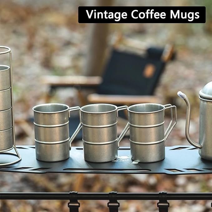 Vintage Coffee Mugs Stainless Steel Mug with Handle Camping Coffee Mugs Outdoor Hiking Cup Lightweight Camping Gear for Men Backpacking Mug, Set of 2-Silver (11.8oz/350ml)