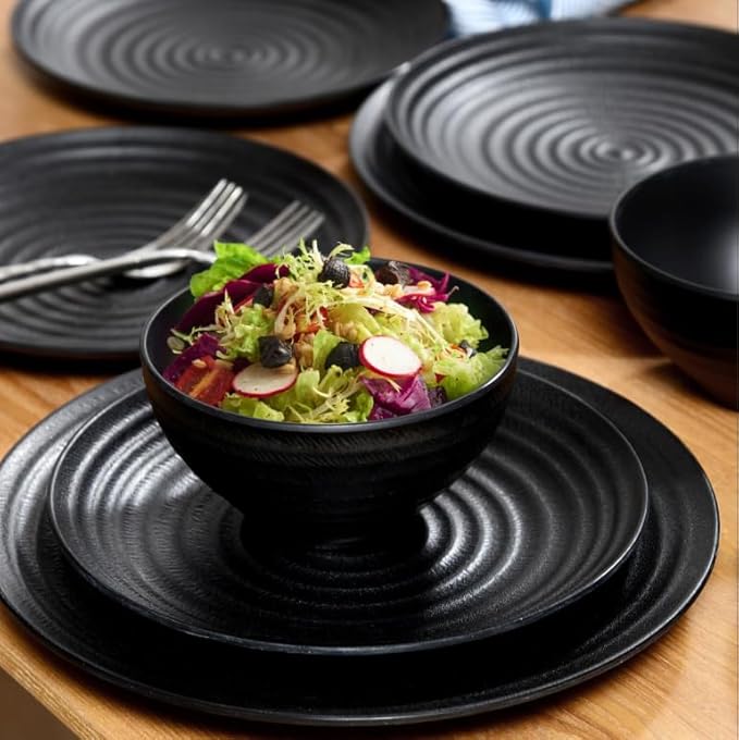 Melamine Dinnerware Sets for 4, 12Pcs Plates and Bowls Sets with Modern style, Lightweight and Unbreakable Dish Set for Camping, RV and BBQ, Dishwasher Safe, BPA free(Black)