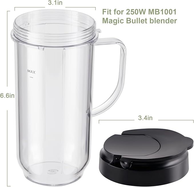 4-piece Tall 22oz Mug Cups with Flip-Top To-Go Lids Replacement Parts Compatible with 250W Magic Bullet Blender Cups MB1001