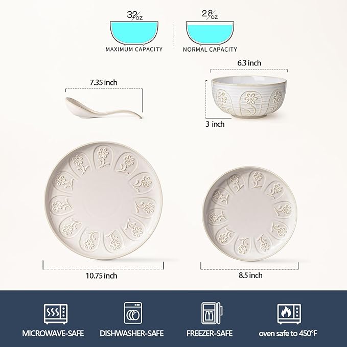 Artena Plates And Bowls Sets, 16 Pieces Dinnerware Sets, Dish Set For 4, Ceramic Kitchen Bowl And Plate Set, Embossed White Dishware Sets, Dishwasher & Microwave Safe (Pinwheel Flower)