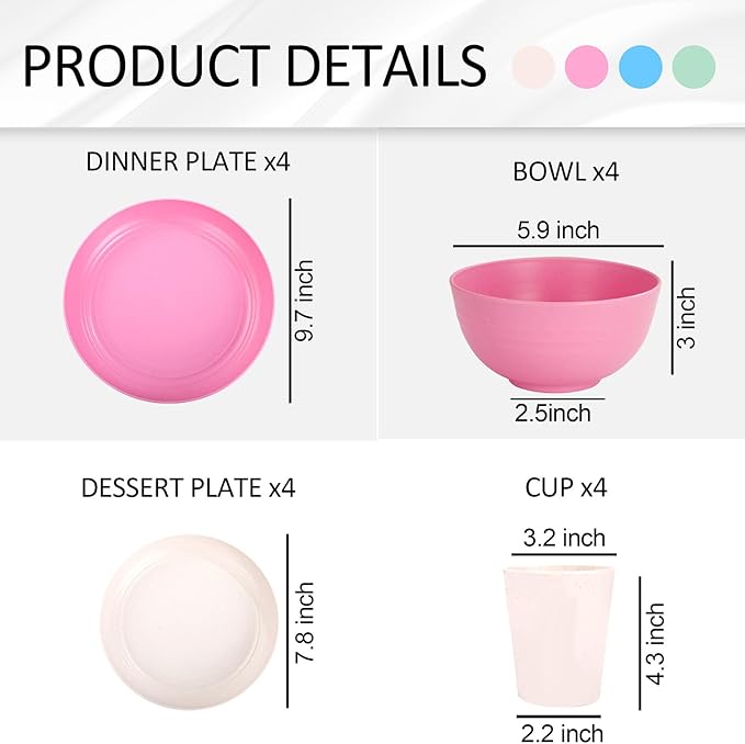 Rubtlamp Wheat Straw Plates and Bowls sets, Reusable Plastic Plate Set for 4, Kitchen Wheat Straw Dinnerware Sets (Spring Four Colors) Include Dinner Platos, Dessert Platos, Cereal Bowls, Cups