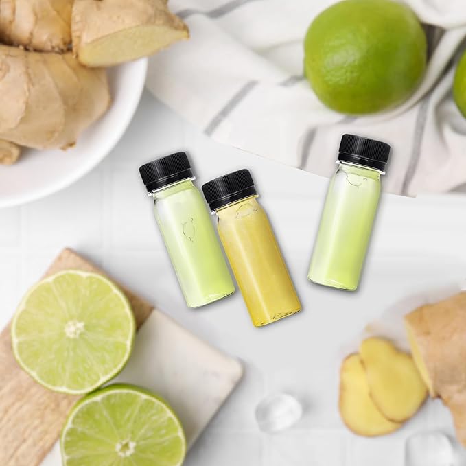 30 Pcs 2 Oz Small Plastic Bottles for Liquids,Ginger Shot Bottle with Lids,Reusable Bulk Beverage Containers for Juice,Liquor,Potion,Wellness,DIY,Wedding,Party,Travel(Black Cap)