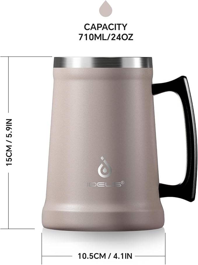 Ideus Insulated Beer Stein, 24/32oz Stainless Steel Double Walled Beer Mug Giant Bar Drinkware Metal Beer Cup with Big Grip Handle (24oz (710ml), Dusty Pink)