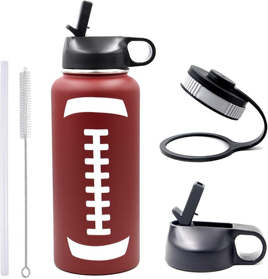 32 oz Football Water Bottle, Metal Thermo Travel Mug Sports Flask with 2 Lids, Stainless Steel Double Wall Vacuum Insulated Leak Proof Water Bottles, Football Accessories Gifts for Mom Men Boys Girls